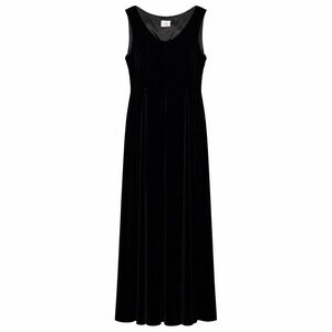 Laura Ashley Black Velvet Sleeveless Maxi Dress Side Zip Size L Waist Pleats Vtg